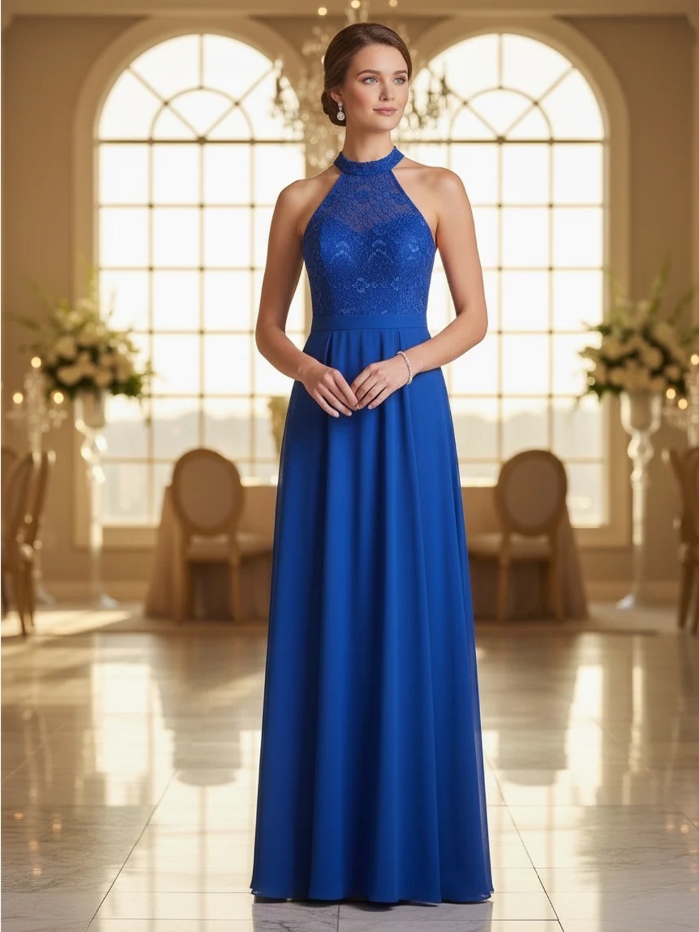 Royal Blue Halter Lace Bodice Evening Gown